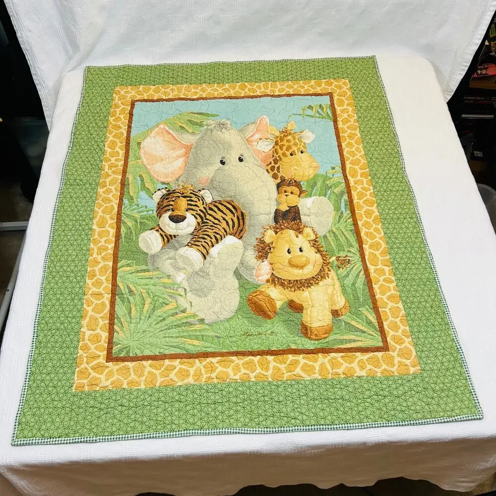 Baby Quilt Jungle Babies Green Brown Yellow 46.5